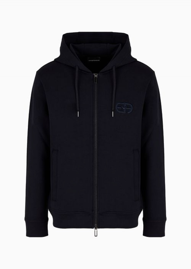 Navy Blue Emporio Armani Double-jersey Zip-up Hooded Sweatshirt With Embossed, Embroidered Ea Logo | EA-SN58554