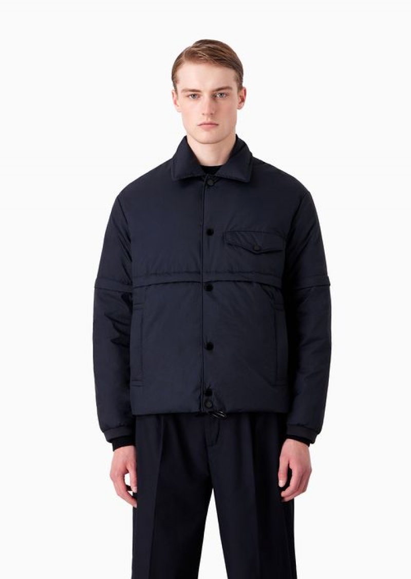 Navy Blue Emporio Armani Down Jacket With Classic Collar In Water-repellent Embossed Nylon With Detachable Sleeves | EA-SN58209