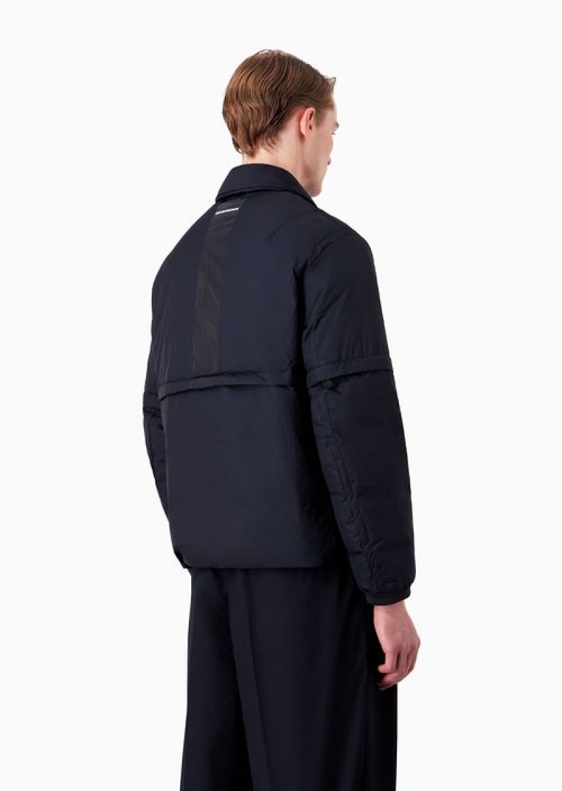 Navy Blue Emporio Armani Down Jacket With Classic Collar In Water-repellent Embossed Nylon With Detachable Sleeves | EA-SN58209