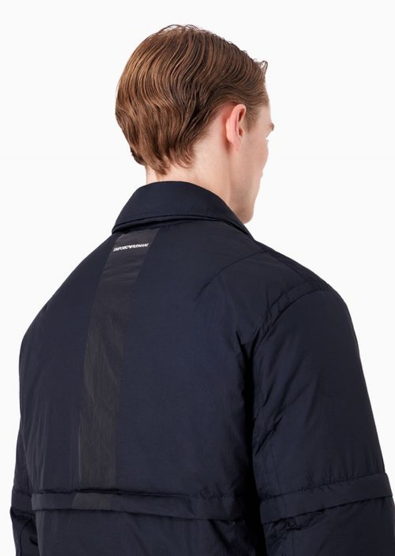 Navy Blue Emporio Armani Down Jacket With Classic Collar In Water-repellent Embossed Nylon With Detachable Sleeves | EA-SN58209