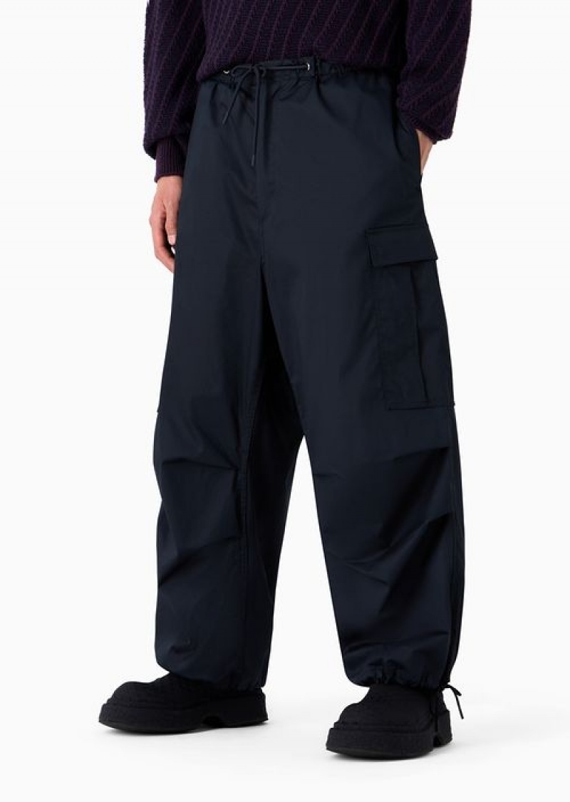 Navy Blue Emporio Armani Drawstring Cargo Trousers With Padded Quilted Interior | EA-SN58281