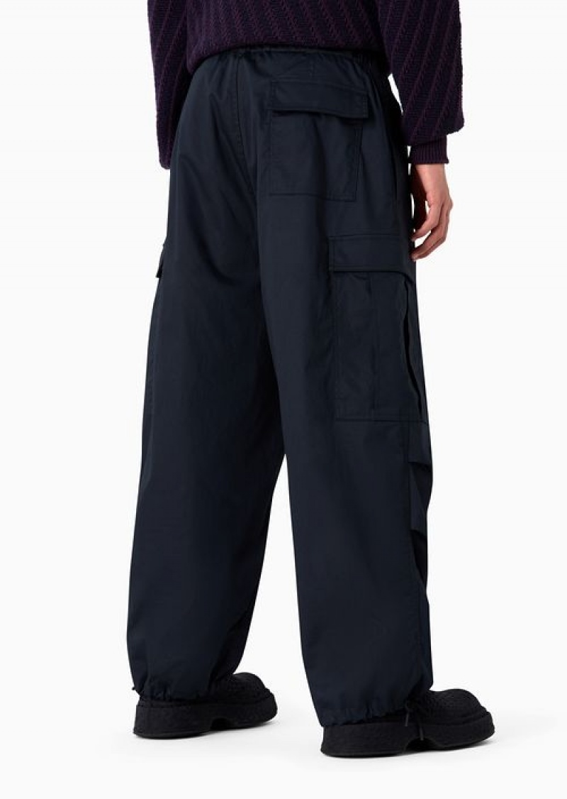 Navy Blue Emporio Armani Drawstring Cargo Trousers With Padded Quilted Interior | EA-SN58281