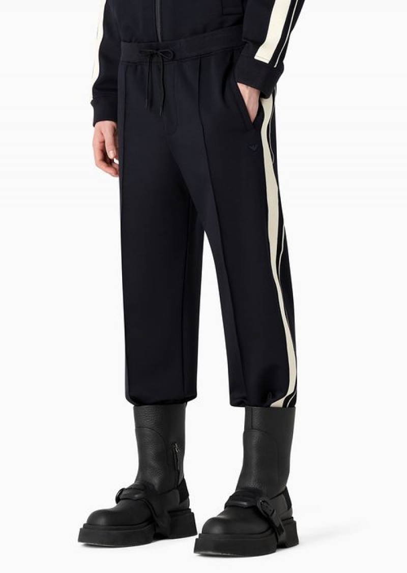 Navy Blue Emporio Armani Drawstring Trousers With Contrasting Stripes In A Wool-blend Jersey | EA-SN58339