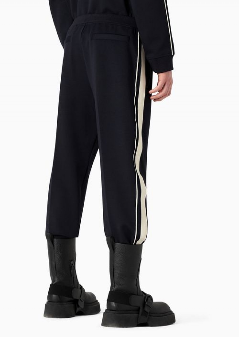 Navy Blue Emporio Armani Drawstring Trousers With Contrasting Stripes In A Wool-blend Jersey | EA-SN58339