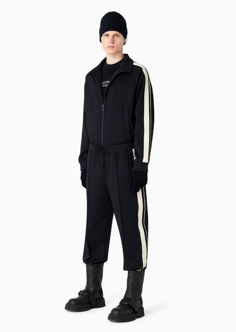 Navy Blue Emporio Armani Drawstring Trousers With Contrasting Stripes In A Wool-blend Jersey | EA-SN58339