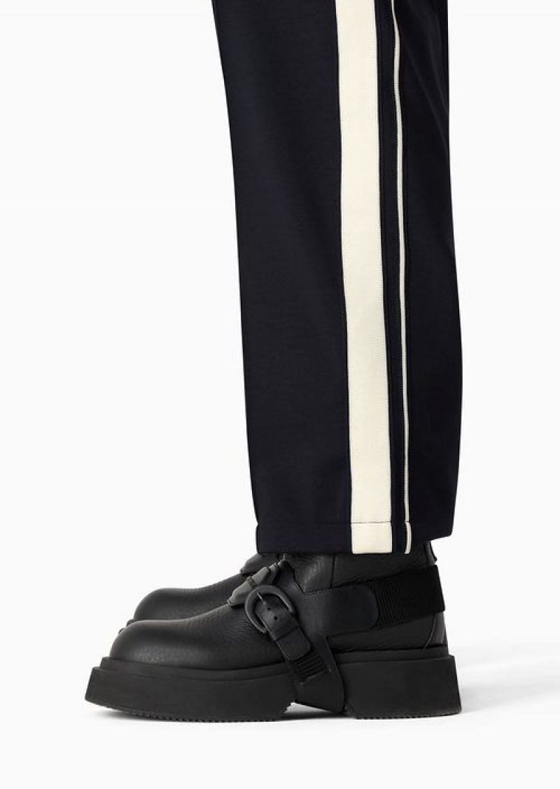 Navy Blue Emporio Armani Drawstring Trousers With Contrasting Stripes In A Wool-blend Jersey | EA-SN58339