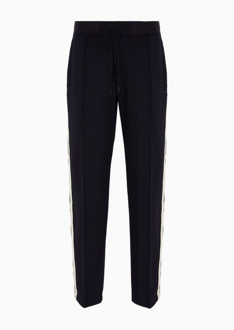 Navy Blue Emporio Armani Drawstring Trousers With Contrasting Stripes In A Wool-blend Jersey | EA-SN58339