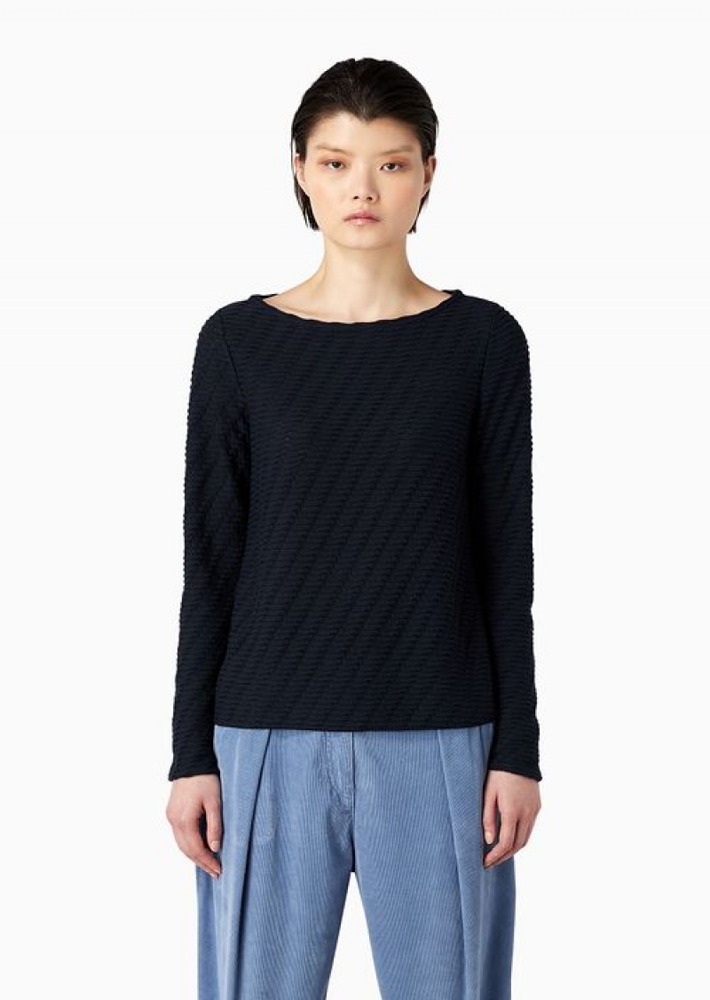 Navy Blue Emporio Armani Embossed Jacquard Jersey Boat-neck Jumper | EA-SN57028