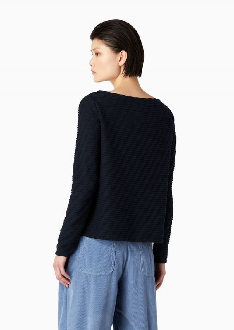 Navy Blue Emporio Armani Embossed Jacquard Jersey Boat-neck Jumper | EA-SN57028