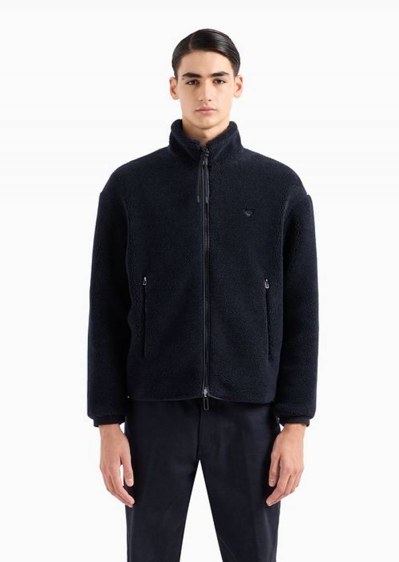 Navy Blue Emporio Armani Faux-fur Teddy Fabric Reversible Full-zip Blouson | EA-SN58485