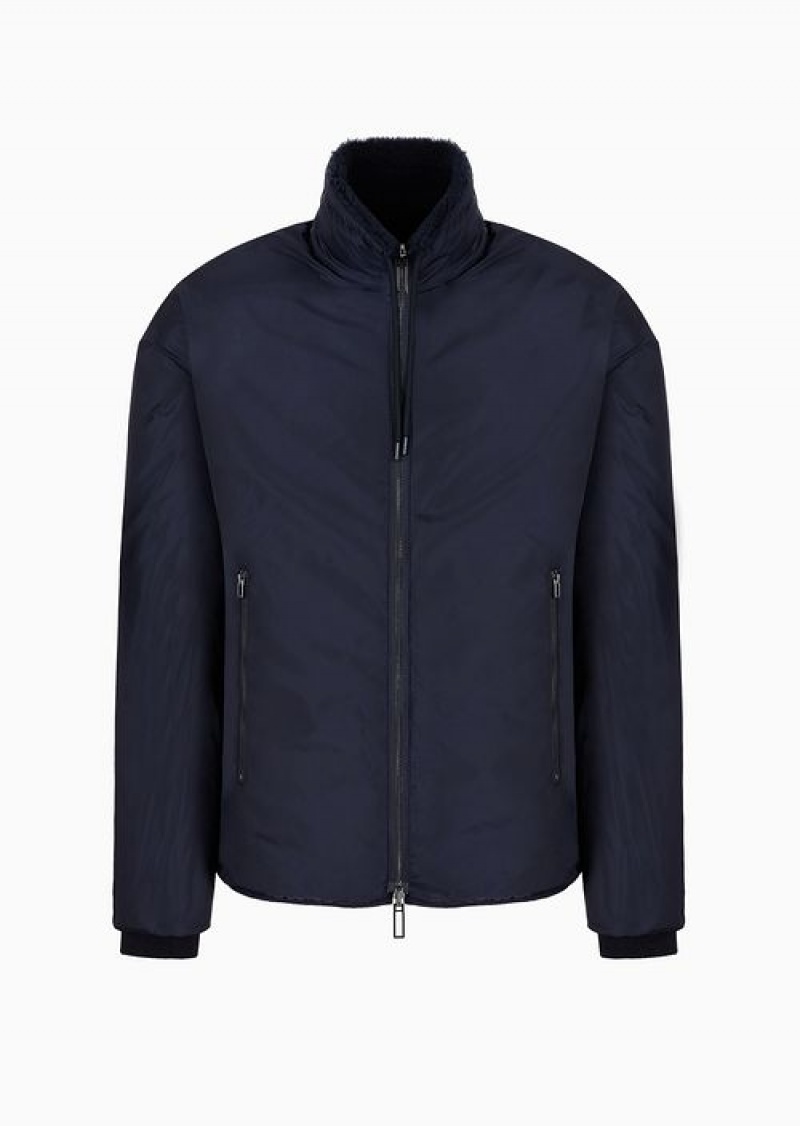 Navy Blue Emporio Armani Faux-fur Teddy Fabric Reversible Full-zip Blouson | EA-SN58485