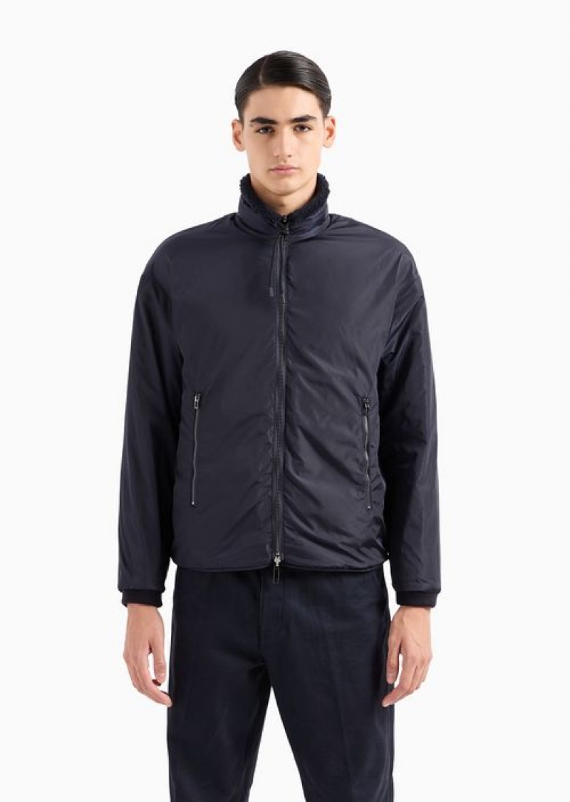 Navy Blue Emporio Armani Faux-fur Teddy Fabric Reversible Full-zip Blouson | EA-SN58485