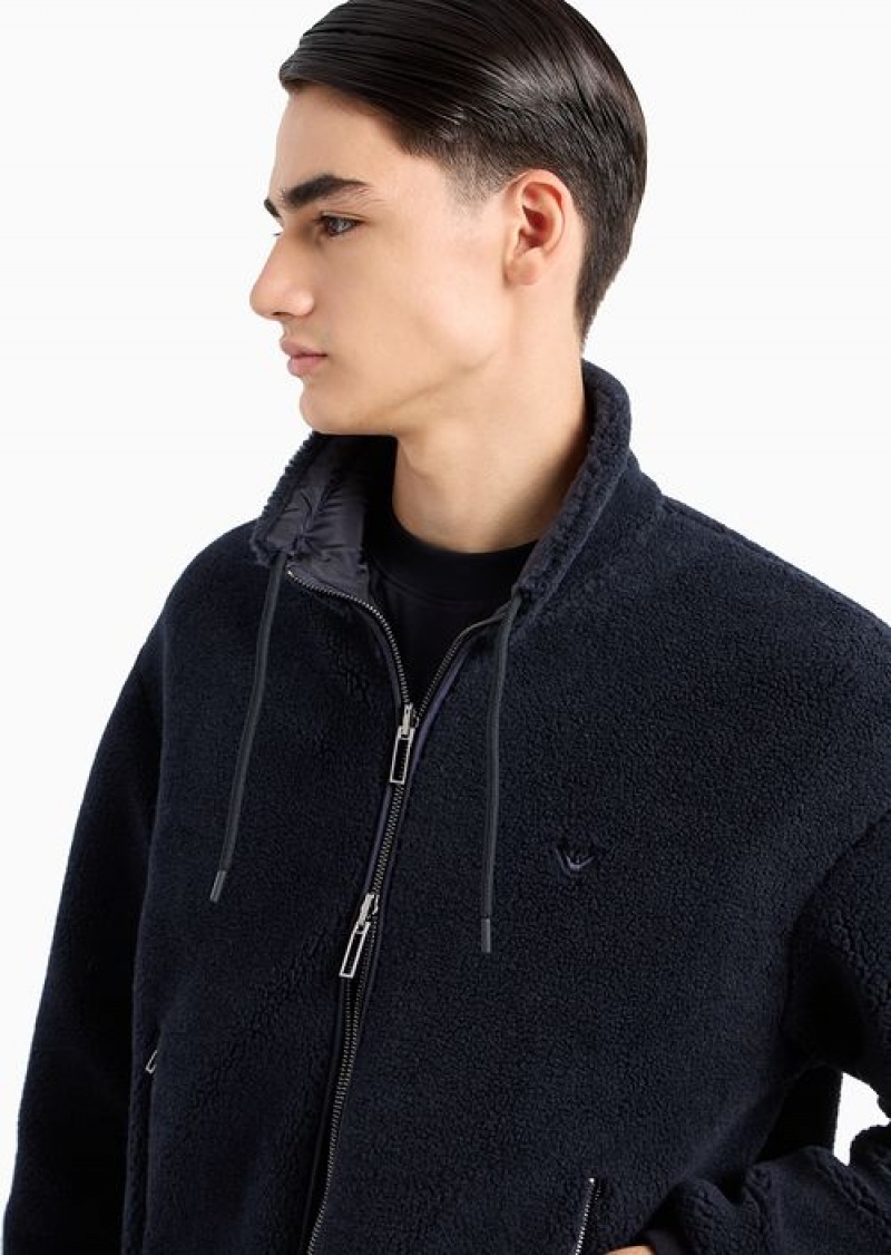 Navy Blue Emporio Armani Faux-fur Teddy Fabric Reversible Full-zip Blouson | EA-SN58485