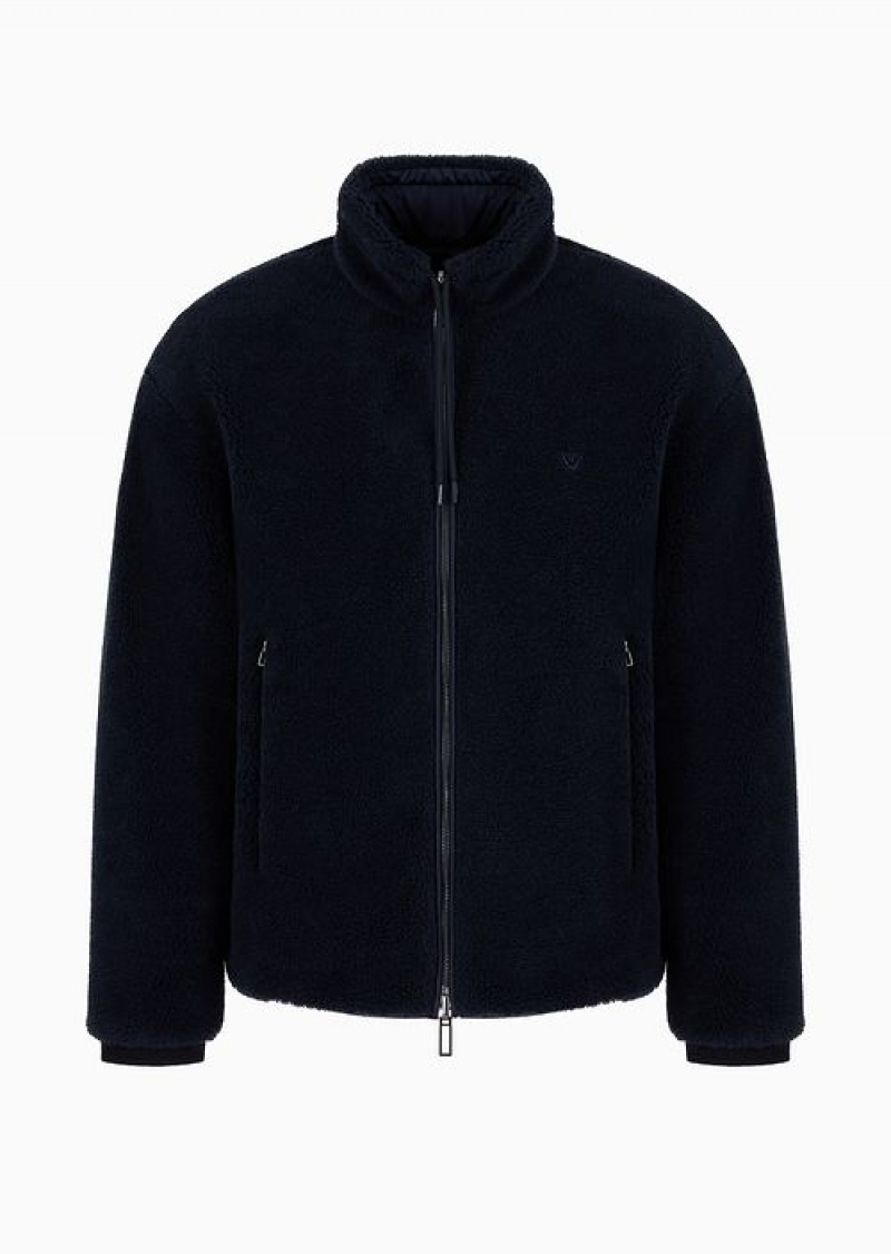 Navy Blue Emporio Armani Faux-fur Teddy Fabric Reversible Full-zip Blouson | EA-SN58485