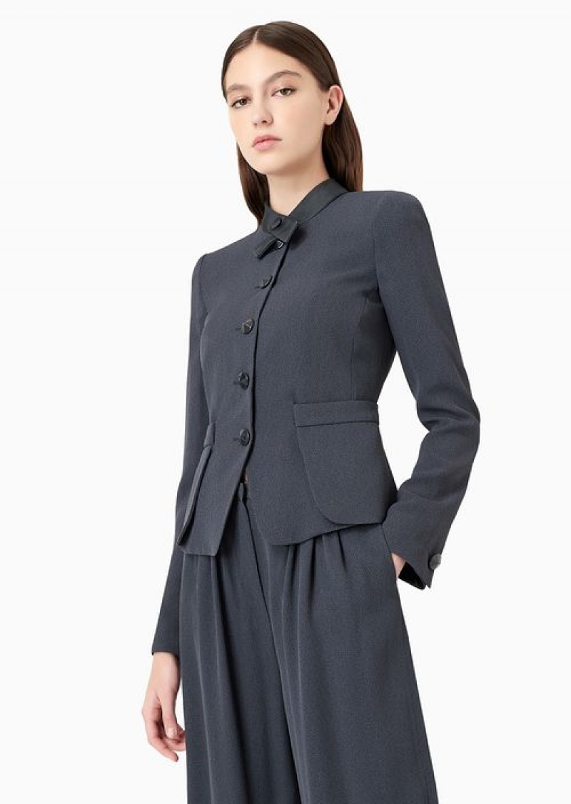 Navy Blue Emporio Armani Faux-galuchat Fabric Jacket With Martingale | EA-SN56466