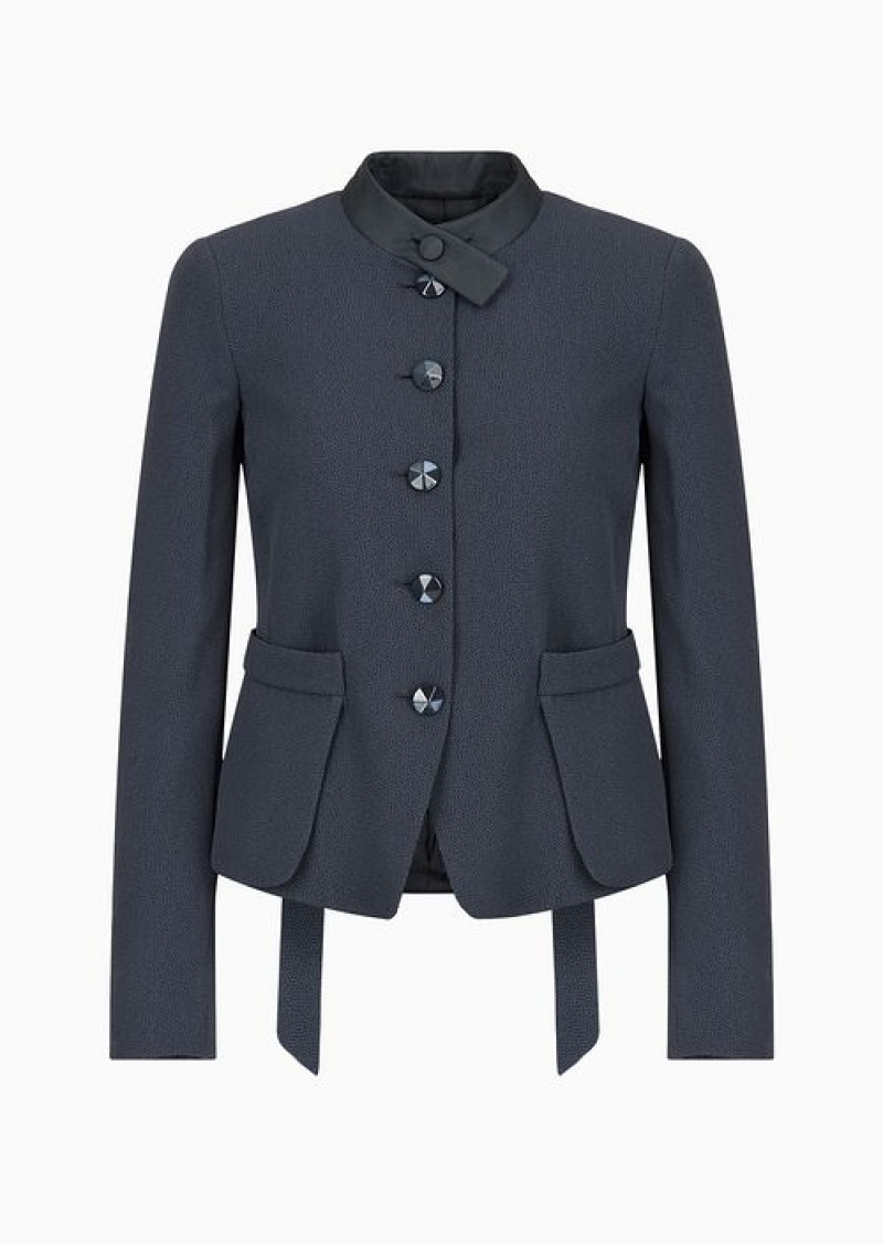 Navy Blue Emporio Armani Faux-galuchat Fabric Jacket With Martingale | EA-SN56466