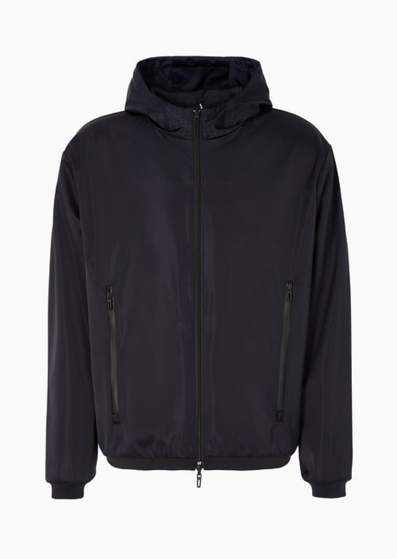 Navy Blue Emporio Armani Full-zip Reversible Hooded Blouson In Technical Fabric With Travel Essentials Satin-effect Inserts | EA-SN58216