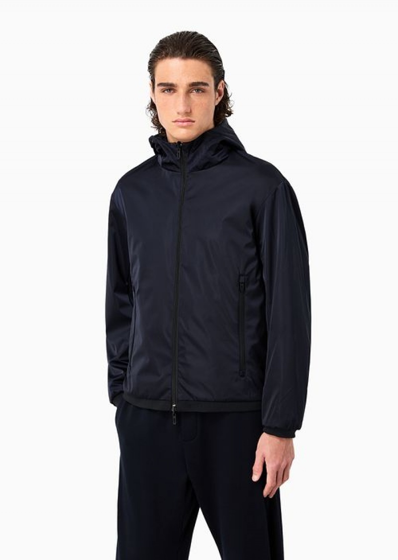 Navy Blue Emporio Armani Full-zip Reversible Hooded Blouson In Technical Fabric With Travel Essentials Satin-effect Inserts | EA-SN58216