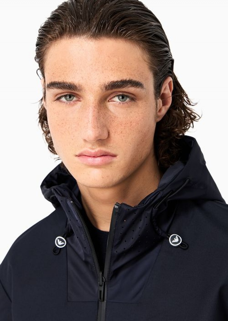 Navy Blue Emporio Armani Full-zip Reversible Hooded Blouson In Technical Fabric With Travel Essentials Satin-effect Inserts | EA-SN58216