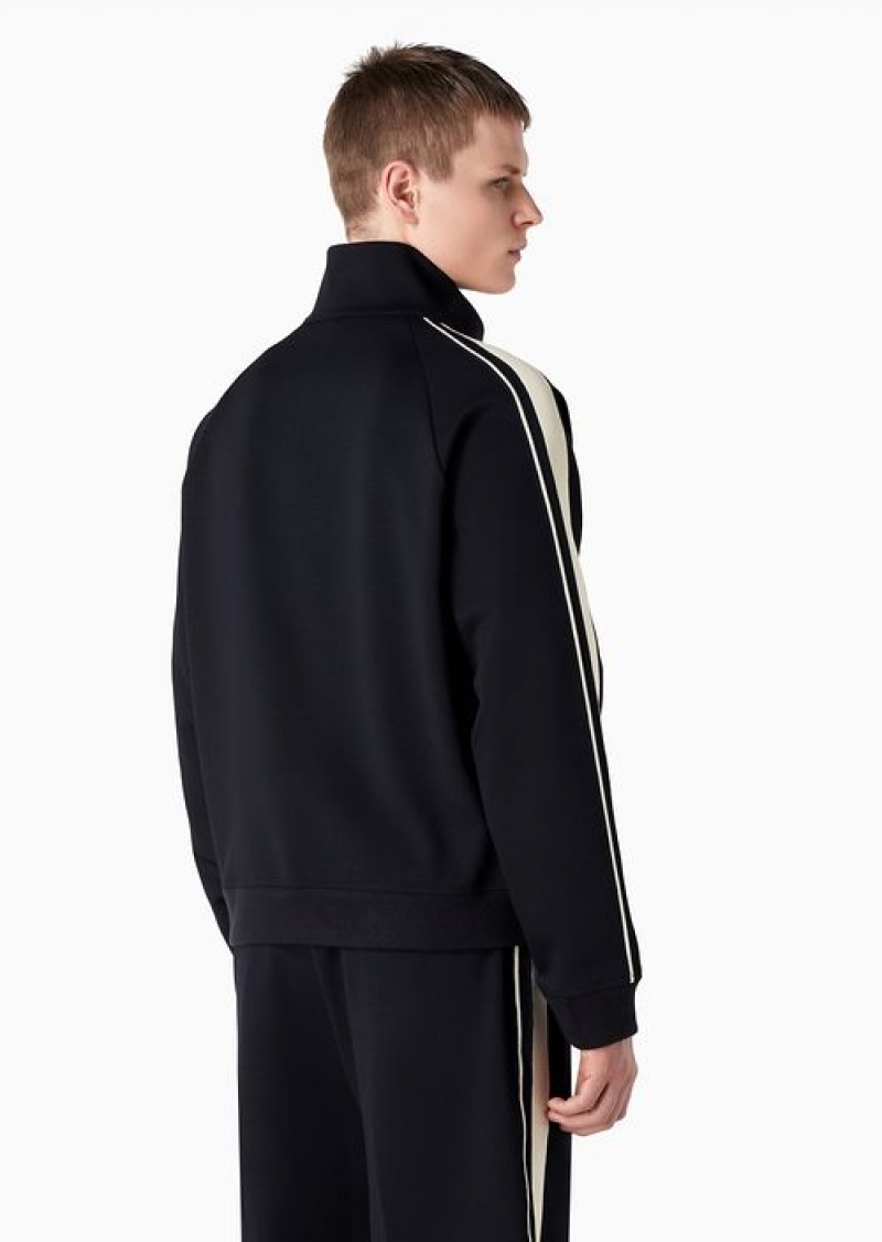 Navy Blue Emporio Armani Full-zip Sweatshirt In A Wool-blend Jersey With Contrasting Bands | EA-SN58520