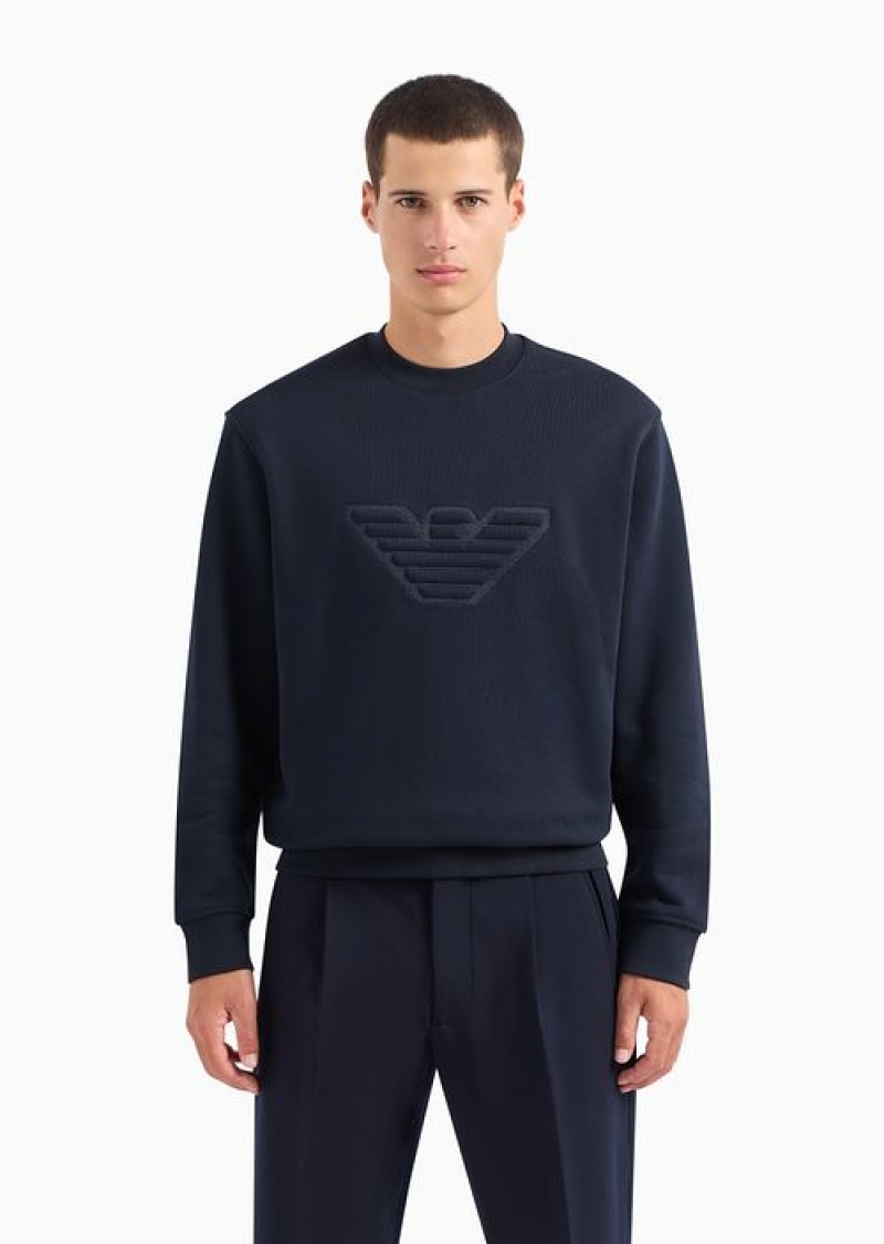 Navy Blue Emporio Armani Heavyweight Jersey Sweatshirt With Domed Logo | EA-SN58499