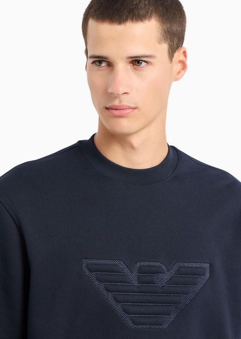 Navy Blue Emporio Armani Heavyweight Jersey Sweatshirt With Domed Logo | EA-SN58499