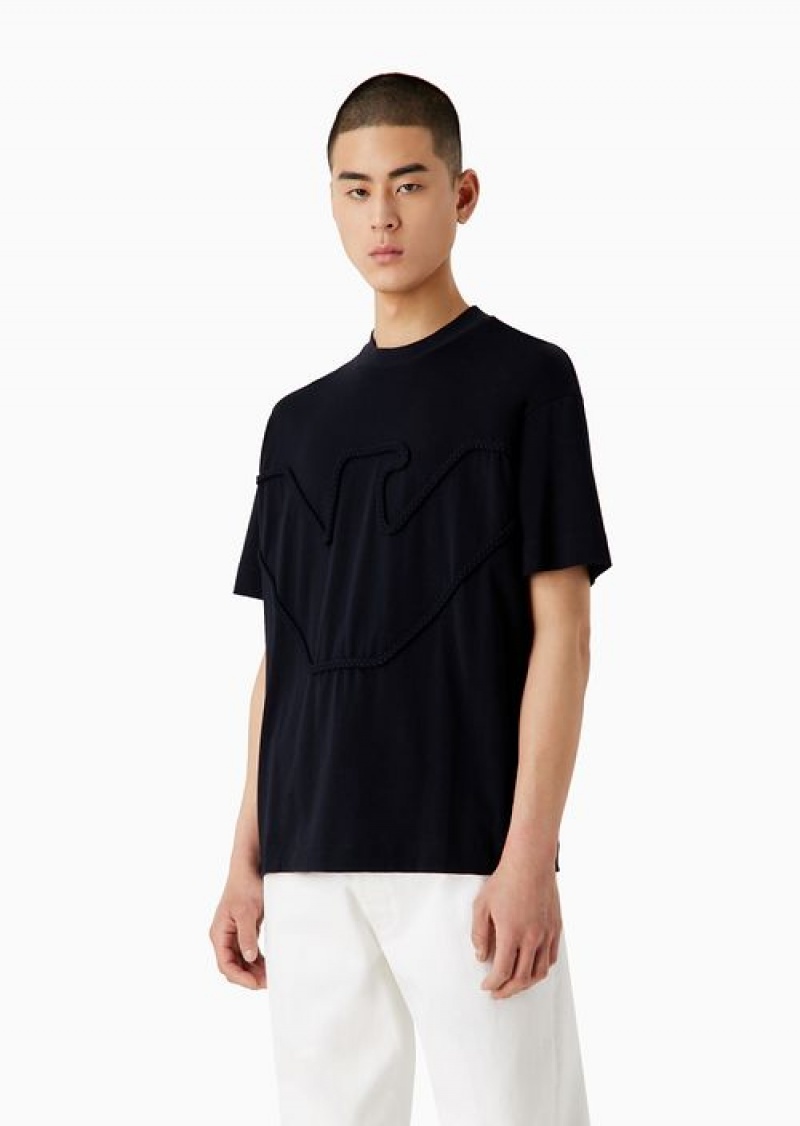 Navy Blue Emporio Armani Heavyweight Jersey T-shirt With Oversized, Raised Cord-effect Embroidery | EA-SN58609