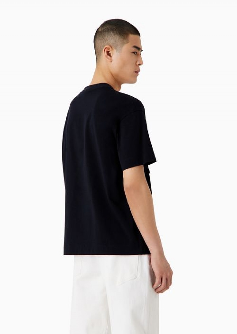 Navy Blue Emporio Armani Heavyweight Jersey T-shirt With Oversized, Raised Cord-effect Embroidery | EA-SN58609