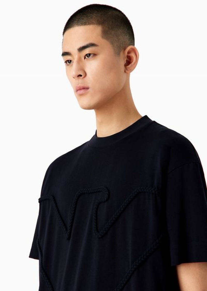 Navy Blue Emporio Armani Heavyweight Jersey T-shirt With Oversized, Raised Cord-effect Embroidery | EA-SN58609