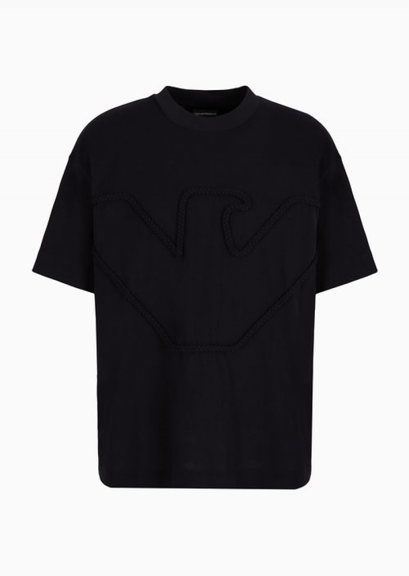 Navy Blue Emporio Armani Heavyweight Jersey T-shirt With Oversized, Raised Cord-effect Embroidery | EA-SN58609