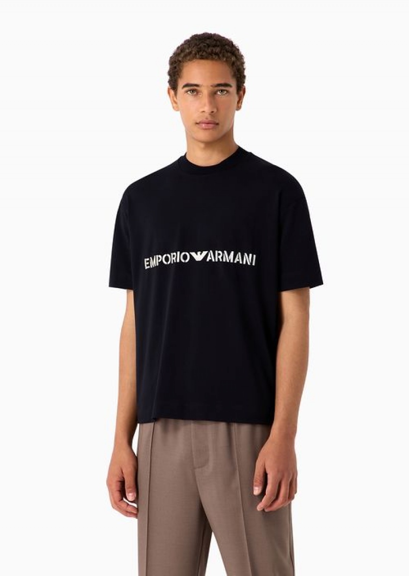 Navy Blue Emporio Armani Heavyweight Jersey T-shirt With Logo Embroidery In A Military Font | EA-SN58647