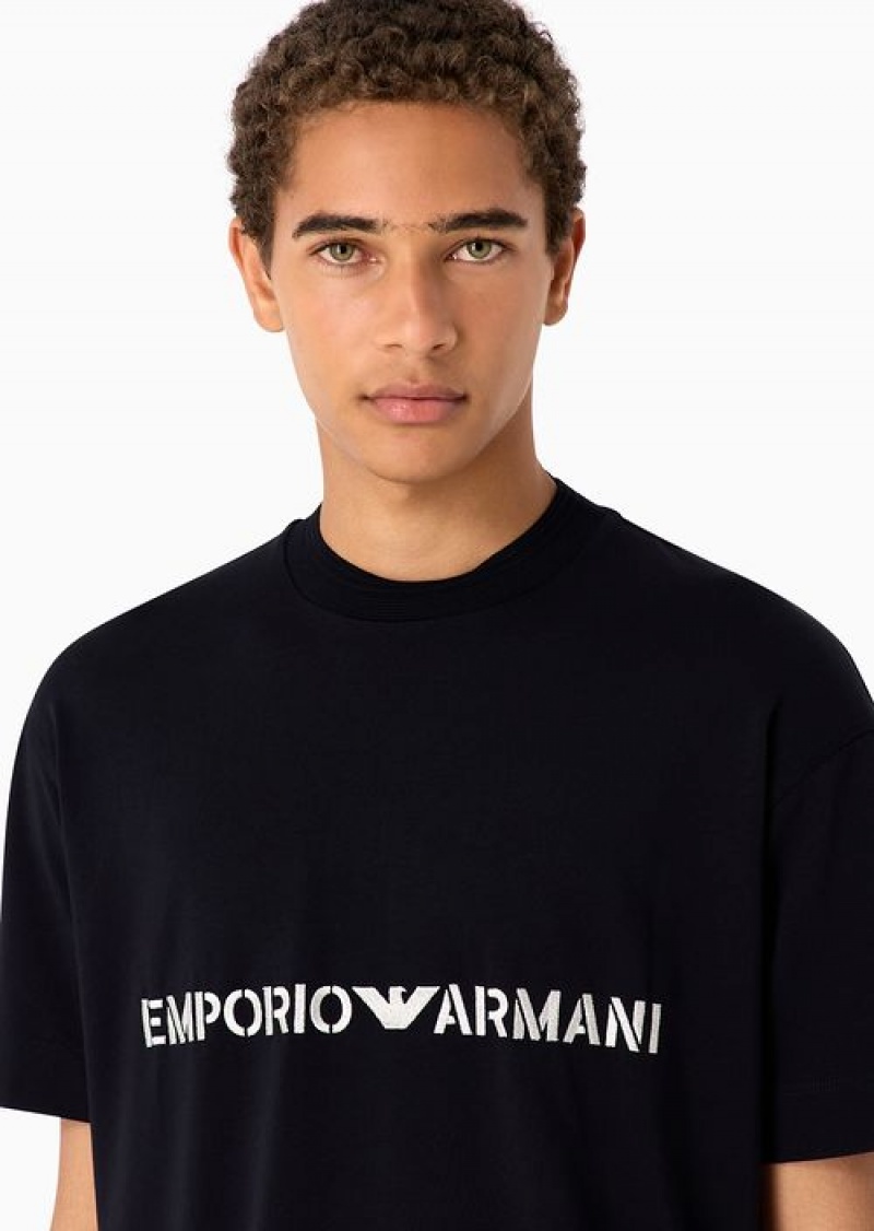 Navy Blue Emporio Armani Heavyweight Jersey T-shirt With Logo Embroidery In A Military Font | EA-SN58647