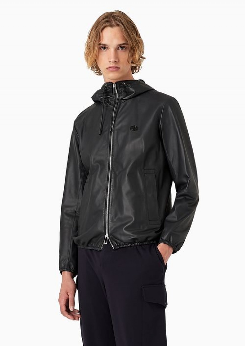 Navy Blue Emporio Armani Hooded, Semi-aniline Nappa Lambskin Blouson With Full-length Zip | EA-SN58238