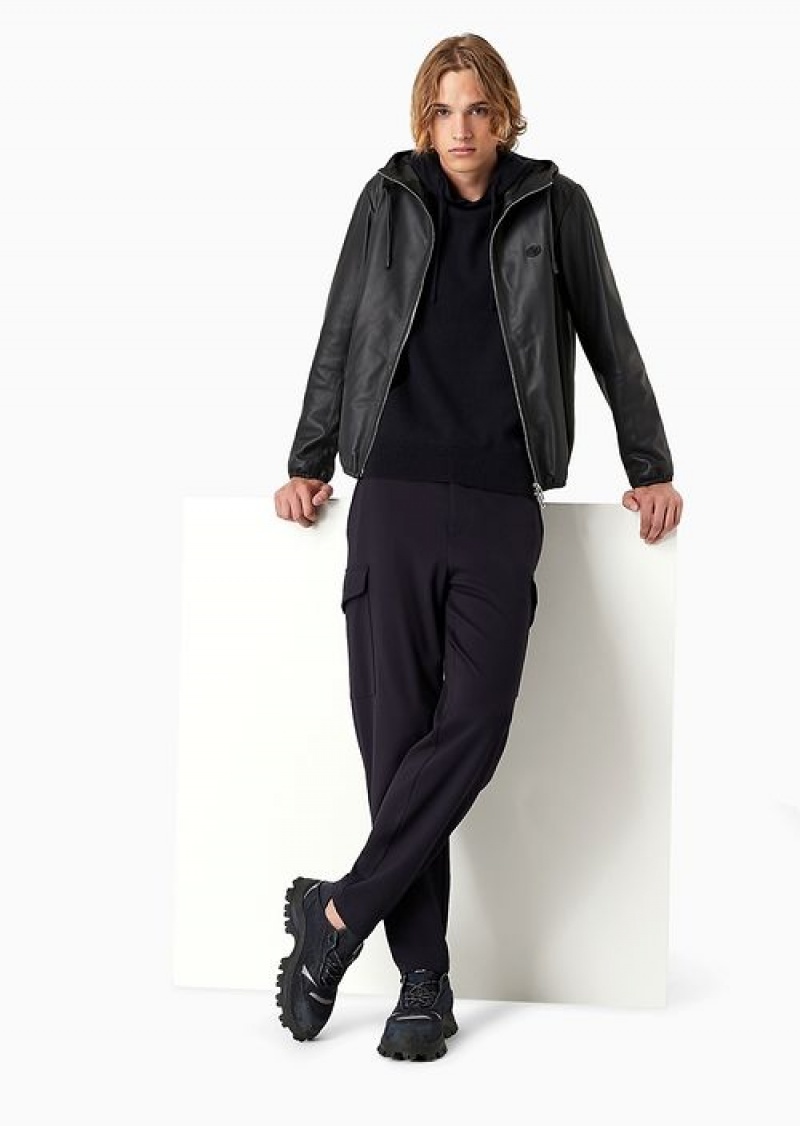 Navy Blue Emporio Armani Hooded, Semi-aniline Nappa Lambskin Blouson With Full-length Zip | EA-SN58238