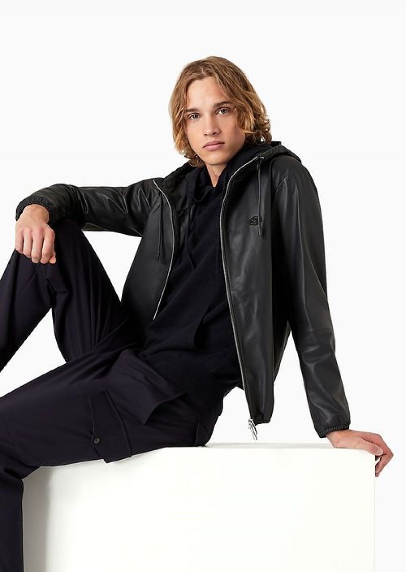 Navy Blue Emporio Armani Hooded, Semi-aniline Nappa Lambskin Blouson With Full-length Zip | EA-SN58238