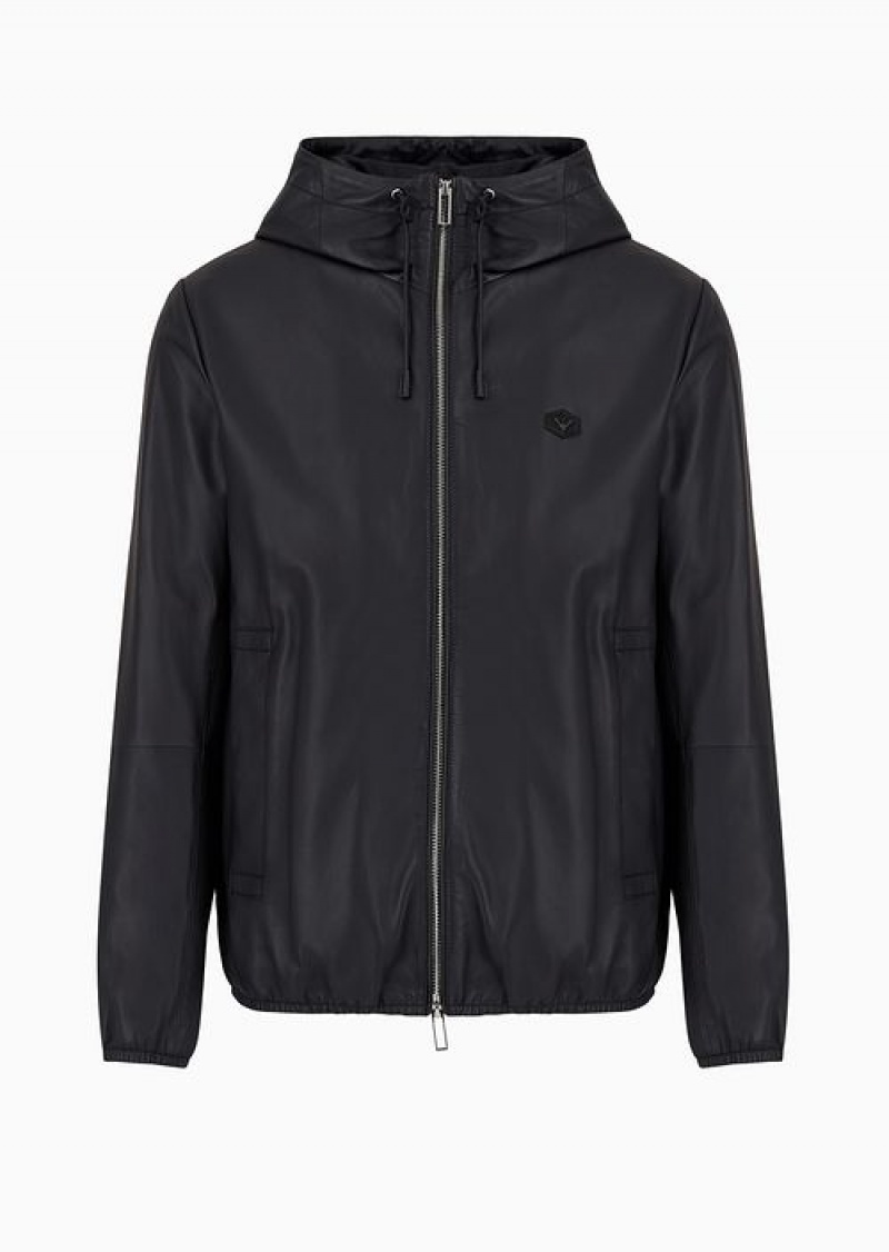 Navy Blue Emporio Armani Hooded, Semi-aniline Nappa Lambskin Blouson With Full-length Zip | EA-SN58238