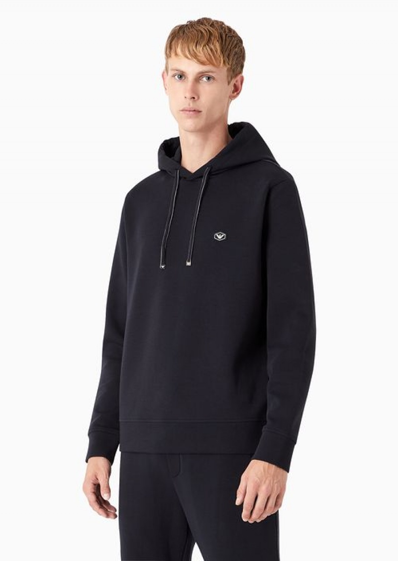 Navy Blue Emporio Armani Hooded Sweatshirt With Micro Logo Patch | EA-SN58530