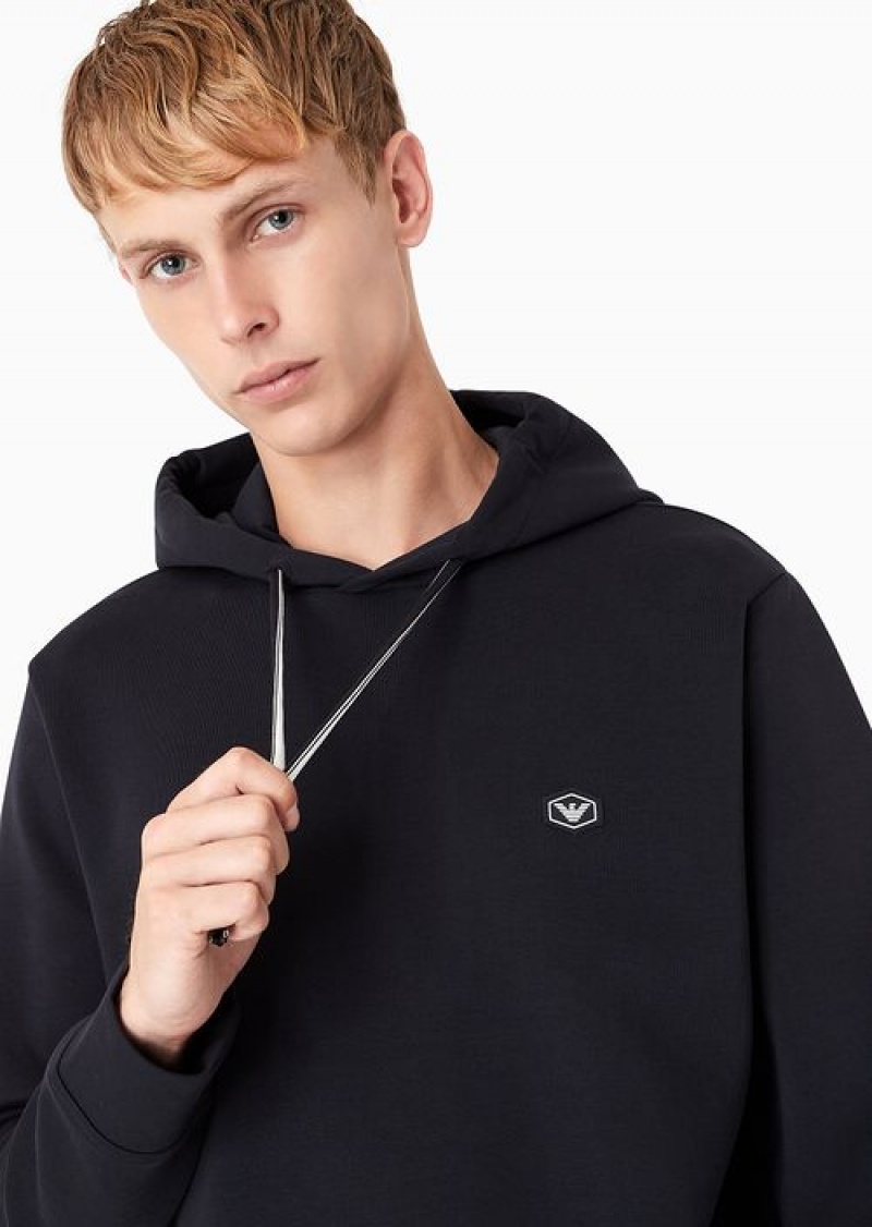 Navy Blue Emporio Armani Hooded Sweatshirt With Micro Logo Patch | EA-SN58530