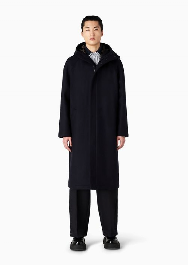 Navy Blue Emporio Armani Hooded, Virgin-wool Blend Cloth Coat With Full-length Zip | EA-SN58219