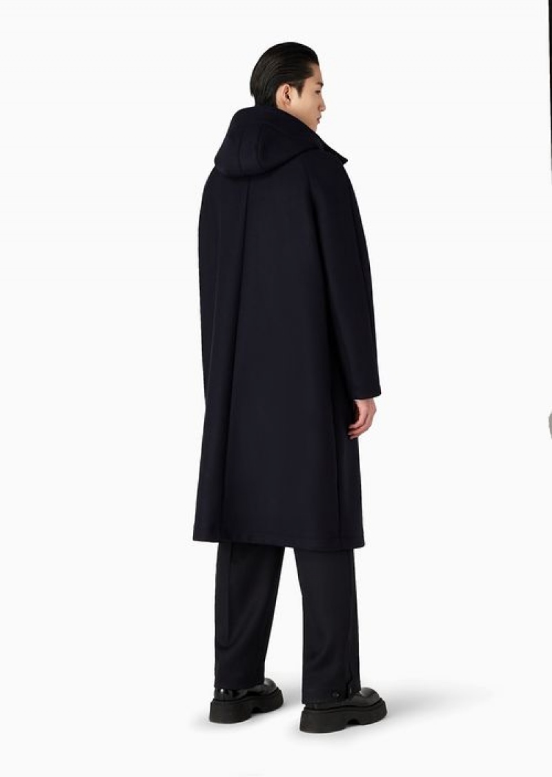 Navy Blue Emporio Armani Hooded, Virgin-wool Blend Cloth Coat With Full-length Zip | EA-SN58219