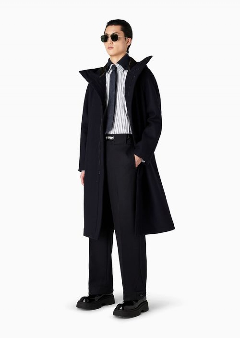 Navy Blue Emporio Armani Hooded, Virgin-wool Blend Cloth Coat With Full-length Zip | EA-SN58219