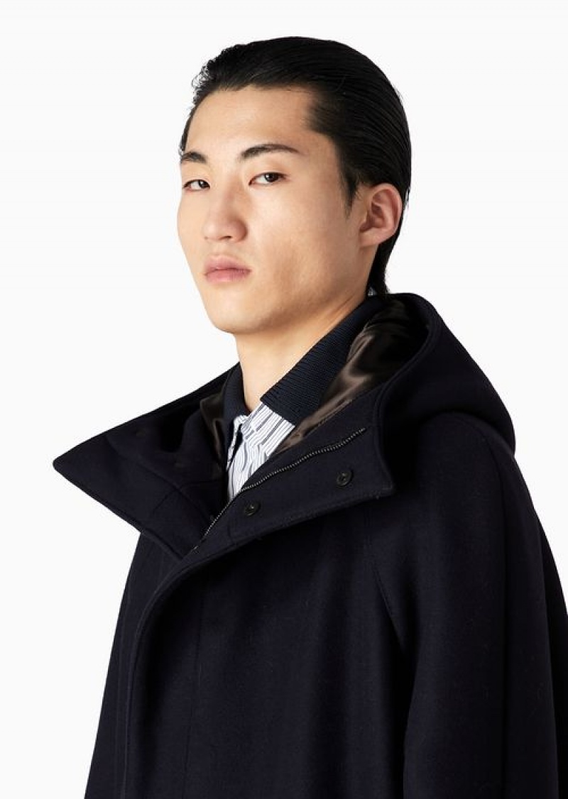 Navy Blue Emporio Armani Hooded, Virgin-wool Blend Cloth Coat With Full-length Zip | EA-SN58219