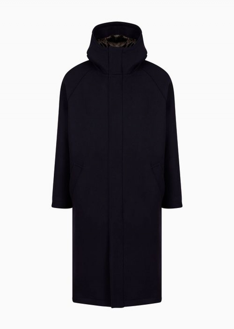 Navy Blue Emporio Armani Hooded, Virgin-wool Blend Cloth Coat With Full-length Zip | EA-SN58219