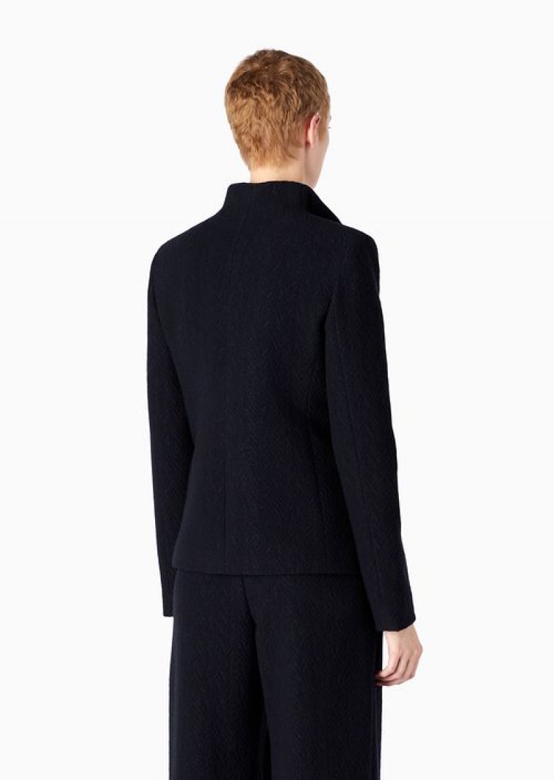 Navy Blue Emporio Armani Icon Mock-neck Jacket In A 3d-effect Chevron Virgin-wool Blend | EA-SN56453