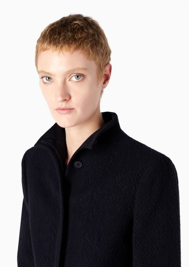 Navy Blue Emporio Armani Icon Mock-neck Jacket In A 3d-effect Chevron Virgin-wool Blend | EA-SN56453