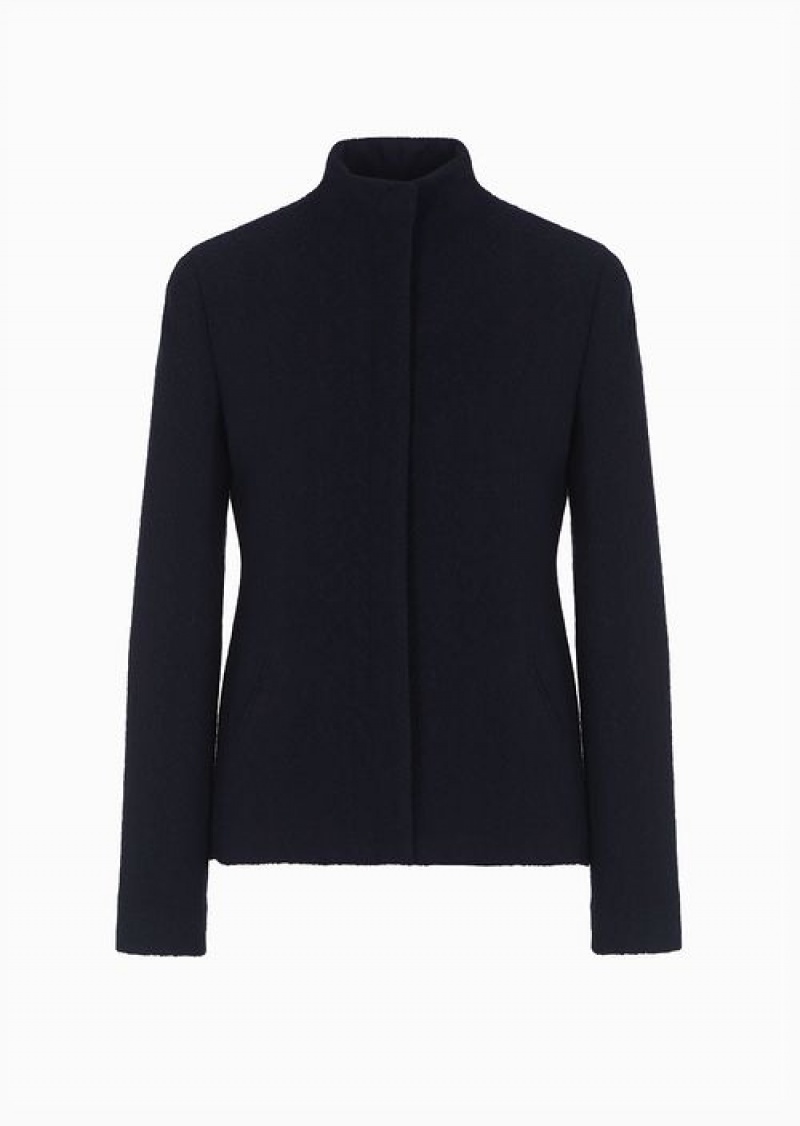 Navy Blue Emporio Armani Icon Mock-neck Jacket In A 3d-effect Chevron Virgin-wool Blend | EA-SN56453