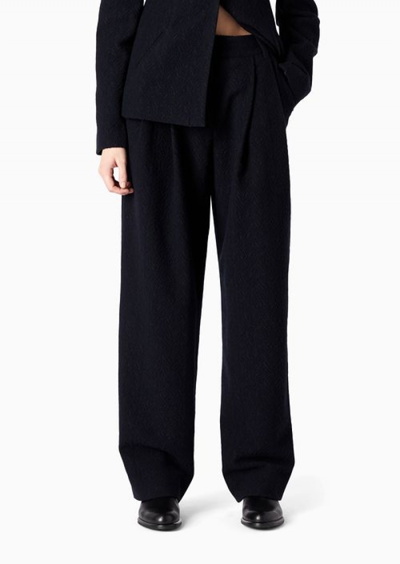 Navy Blue Emporio Armani Icon Trousers With Darts In A 3d-effect Chevron Virgin-wool Blend | EA-SN56792