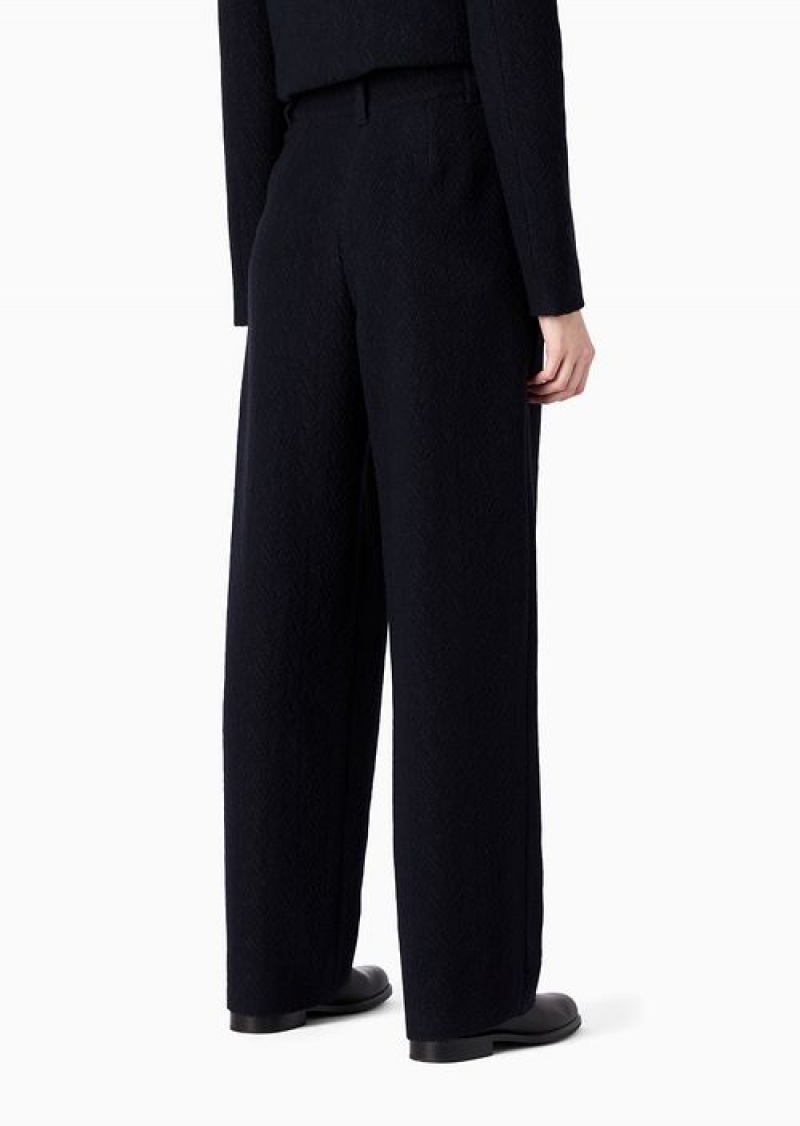 Navy Blue Emporio Armani Icon Trousers With Darts In A 3d-effect Chevron Virgin-wool Blend | EA-SN56792