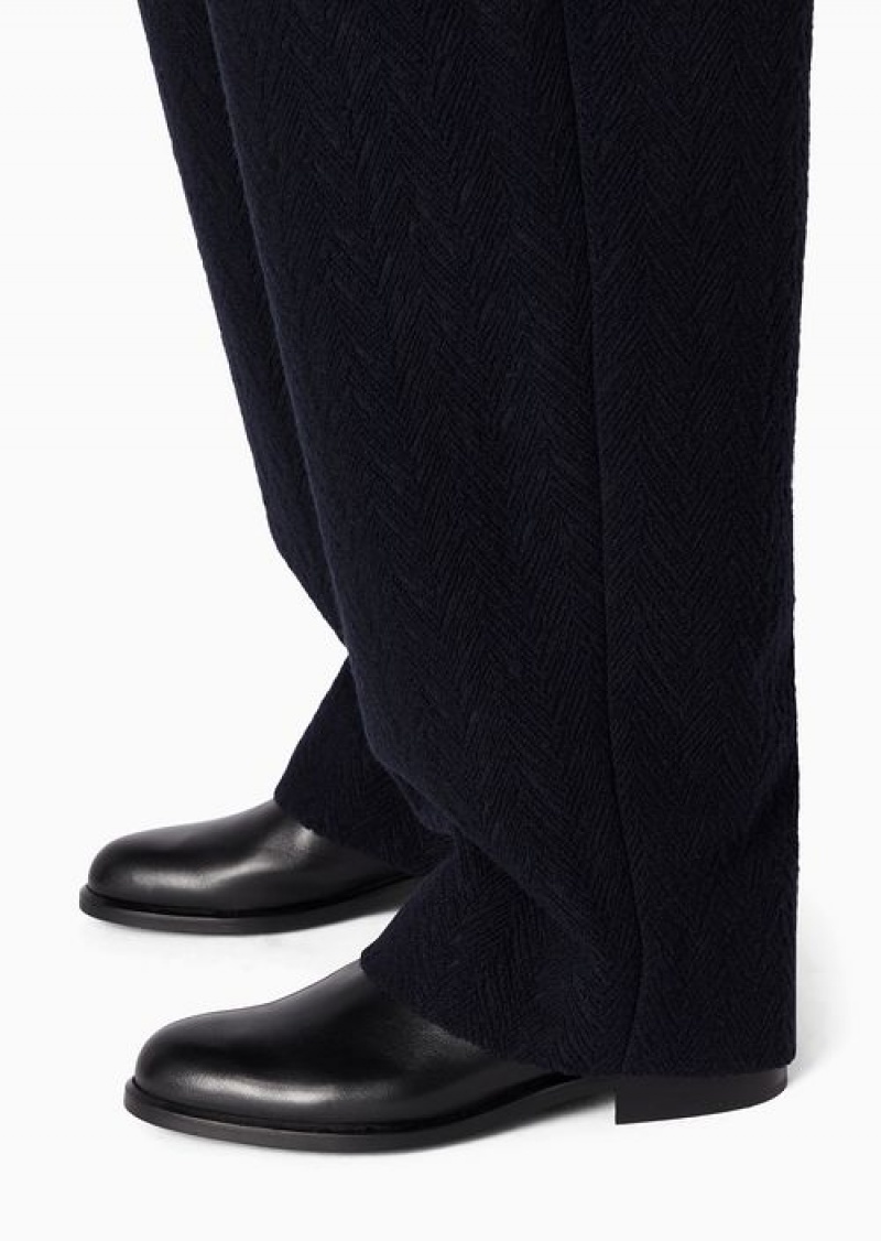 Navy Blue Emporio Armani Icon Trousers With Darts In A 3d-effect Chevron Virgin-wool Blend | EA-SN56792