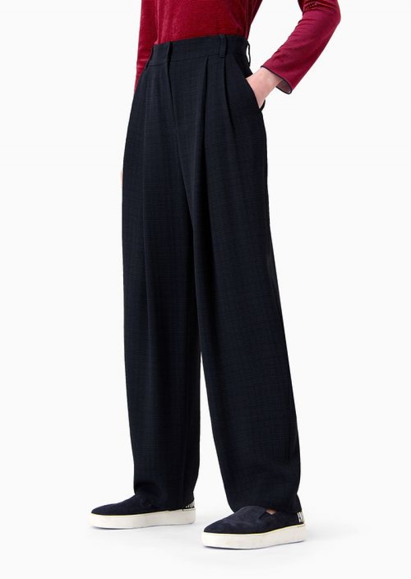 Navy Blue Emporio Armani Icon Trousers With Darts In A Micro-check Jacquard | EA-SN56837